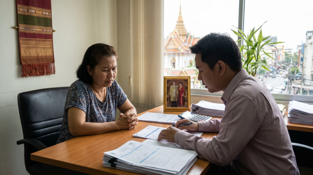 ผู้หญิงไทยสนทนากับตัวแทนประกันเรื่องการเคลมและเบี้ยประกัน