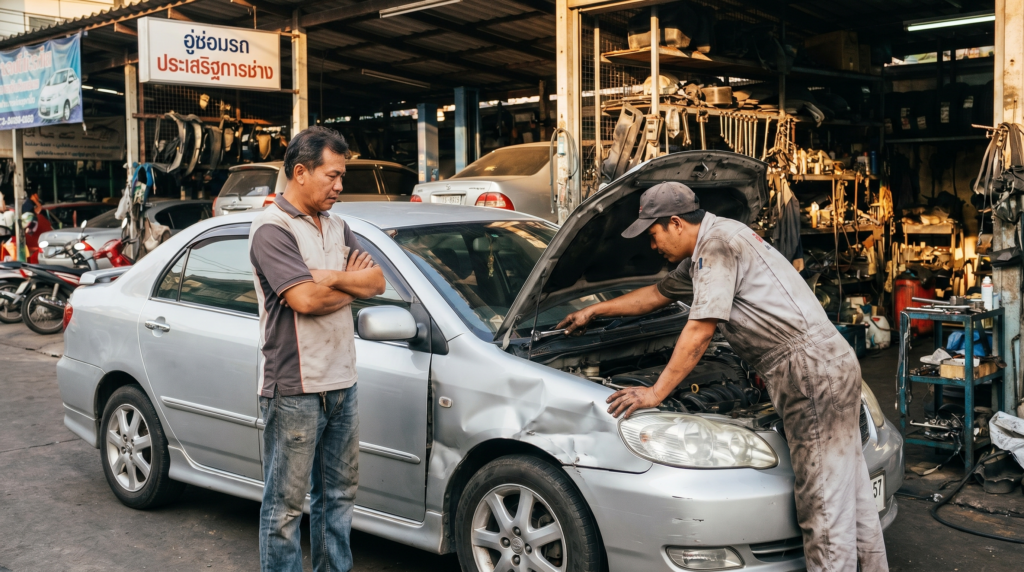 เจ้าของรถชาวไทยยืนข้างรถที่เสียหายในอู่ซ่อมรถ พร้อมช่างกำลังตรวจสอบ