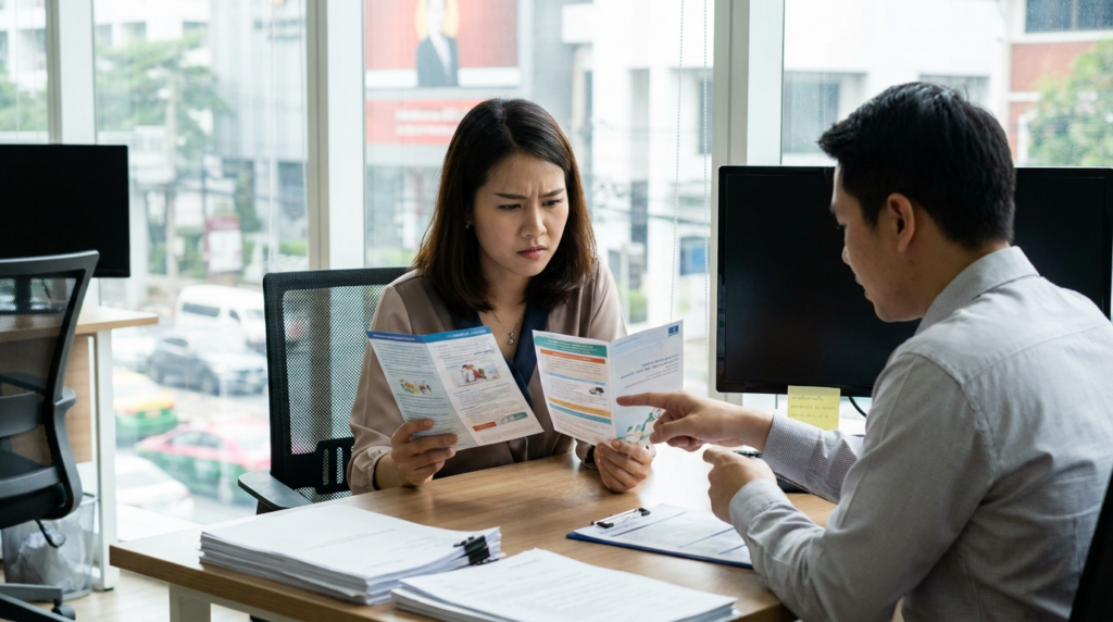 ผู้หญิงไทยที่บริษัทประกันกำลังเปรียบเทียบแผนประกันรถ 2+ และ 3+