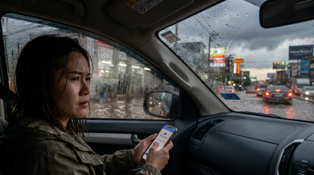 ผู้หญิงไทยนั่งในรถยนต์ขณะฝนตกหนัก มองถนนกรุงเทพที่มีน้ำท่วมและกำลังโทรหาประกัน