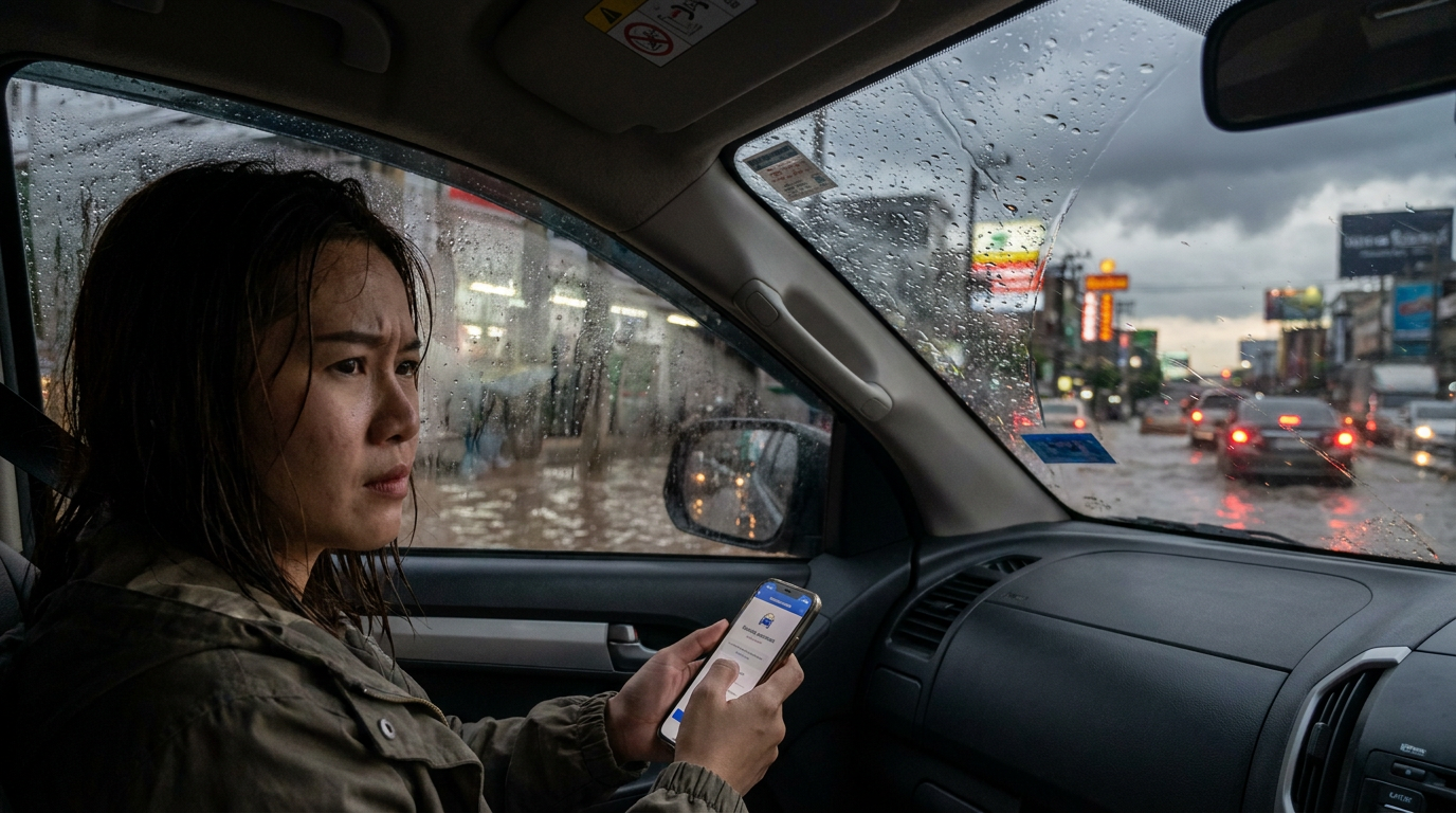 ผู้หญิงไทยนั่งในรถยนต์ขณะฝนตกหนัก มองถนนกรุงเทพที่มีน้ำท่วมและกำลังโทรหาประกัน
